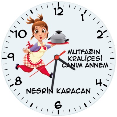 Anneye Hediye Mutfağın Kraliçesi İsimli Duvar Saati (Cam 29cm)